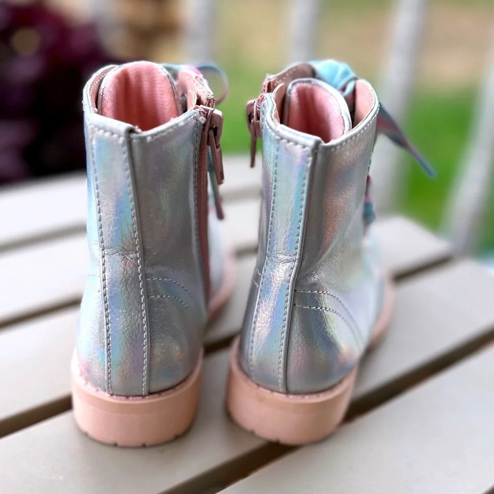 Jelly pop Girls Boots Size 6M‎ Toddler Iridescent Rainbow Lace Up Zipper Ankle